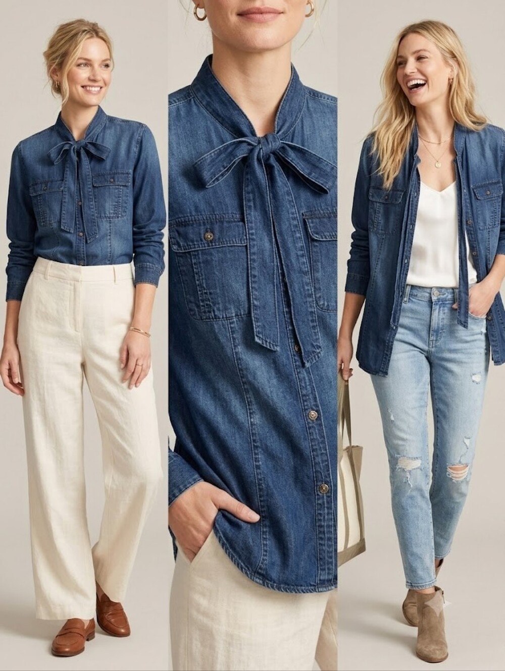 Cabi Waterfront Denim Tie Neck Blouse Style 3290 Chambray Office Western Boho
